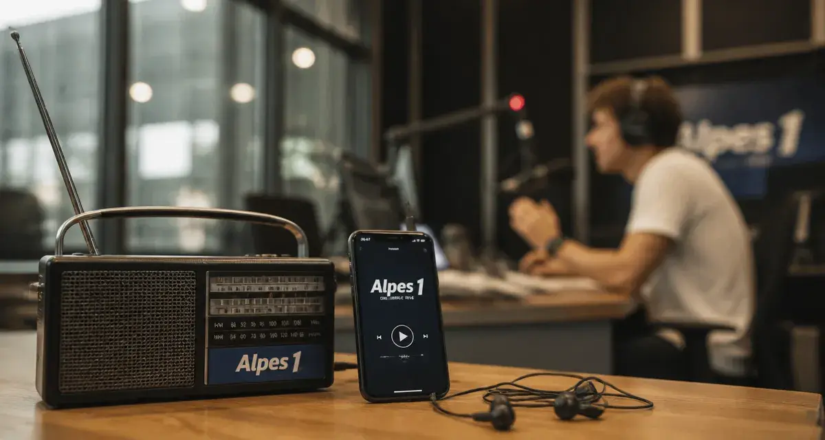 Alpes 1 Grenoble radio : studio avec micro et poste radio