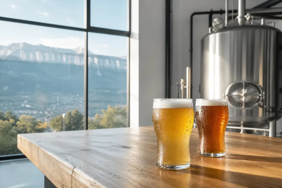 Brasserie artisanale Grenoble dans une taproom chaleureuse avec verres de bière et montagnes en arrière-plan
