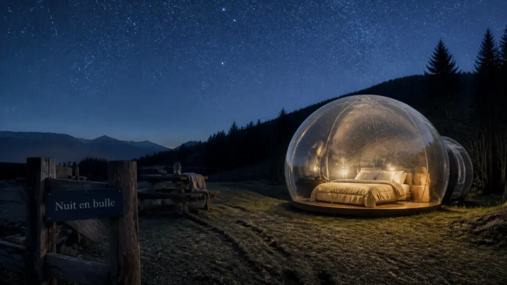 Nuit bulle Rhône-Alpes : bulle transparente, ciel étoilé, forêt