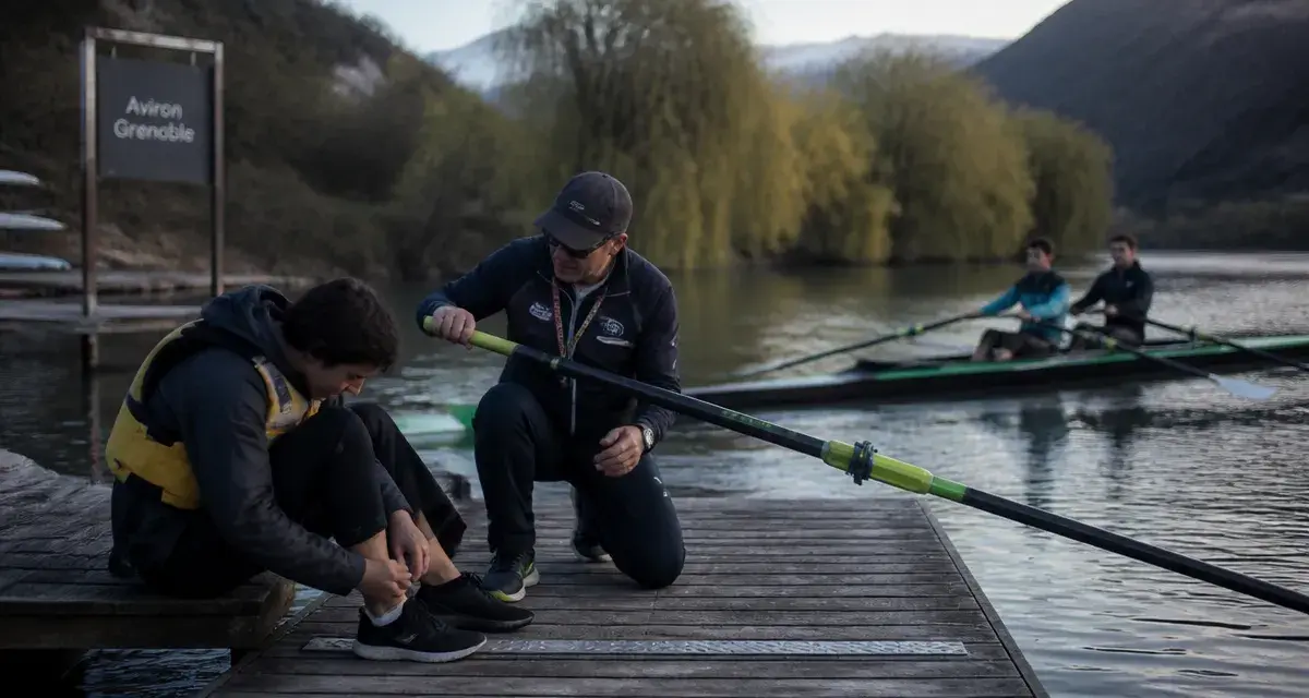 Aviron grenoble : débutant en gilet ajuste ses chaussures sur le quai