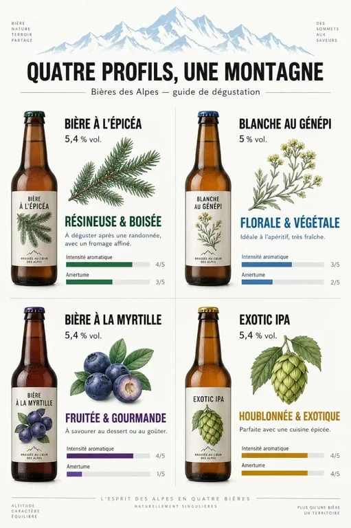 Infographie comparative des profils de bière des Alpes à l’épicéa, au génépi, à la myrtille et Exotic IPA