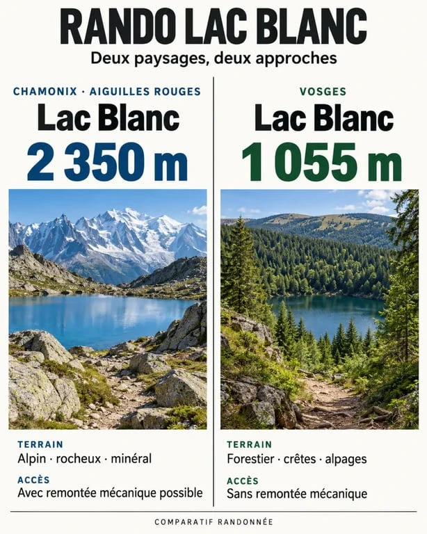 Rando lac blanc : comparaison visuelle entre le Lac Blanc de Chamonix et le Lac Blanc des Vosges