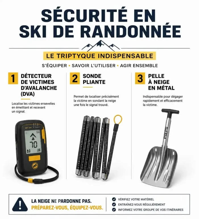 Triptyque de sécurité pour la location de ski de randonnée à Grenoble : DVA, sonde et pelle