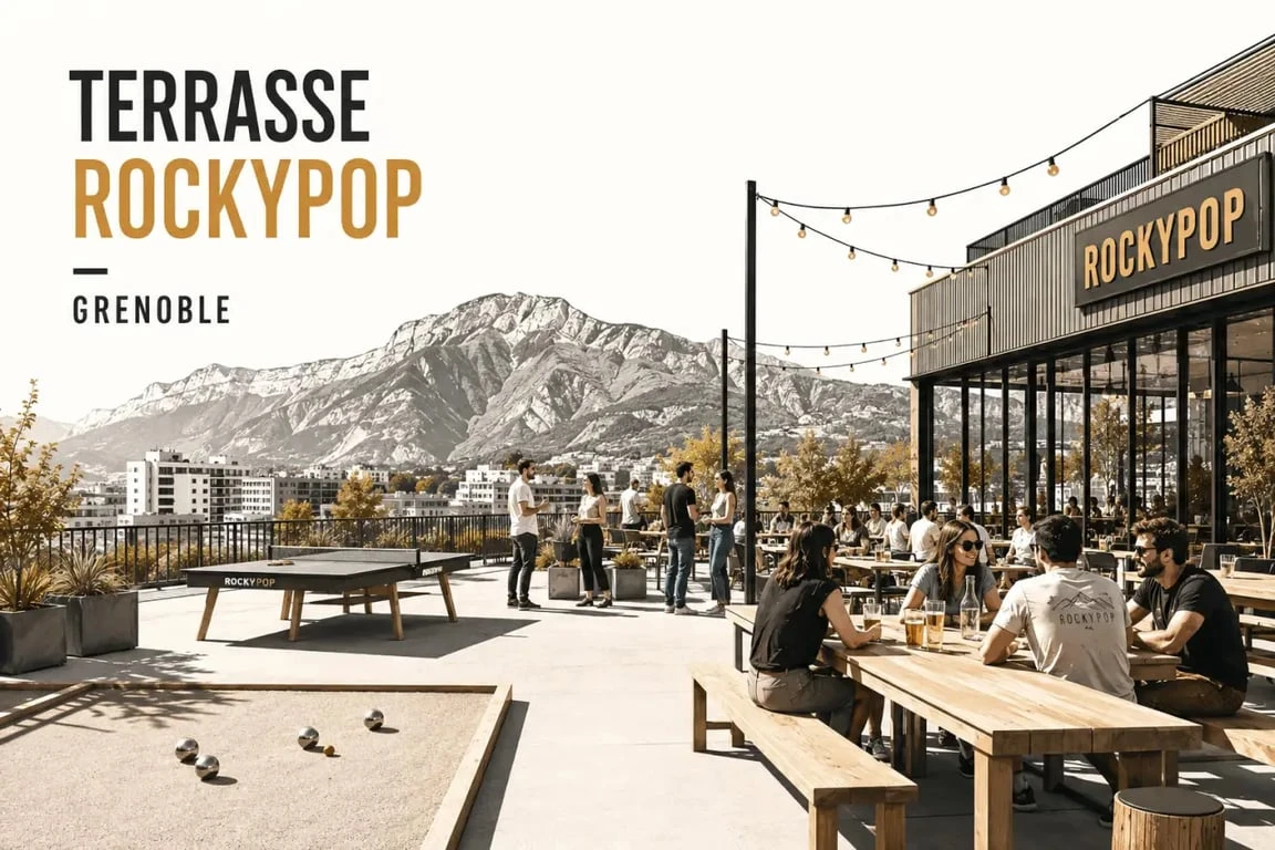 Rockypop bar restaurant Grenoble avec grande terrasse conviviale et ambiance guinguette