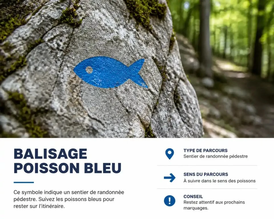 Balisage par poissons bleus sur le sentier des Gorges du Guiers Mort.