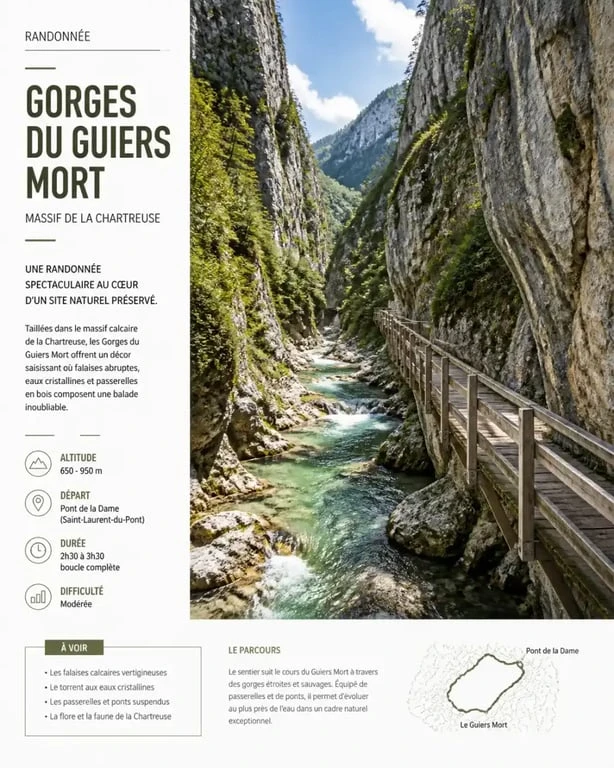 Paysage spectaculaire des Gorges du Guiers Mort en Chartreuse avec ses falaises et son sentier de randonnée.