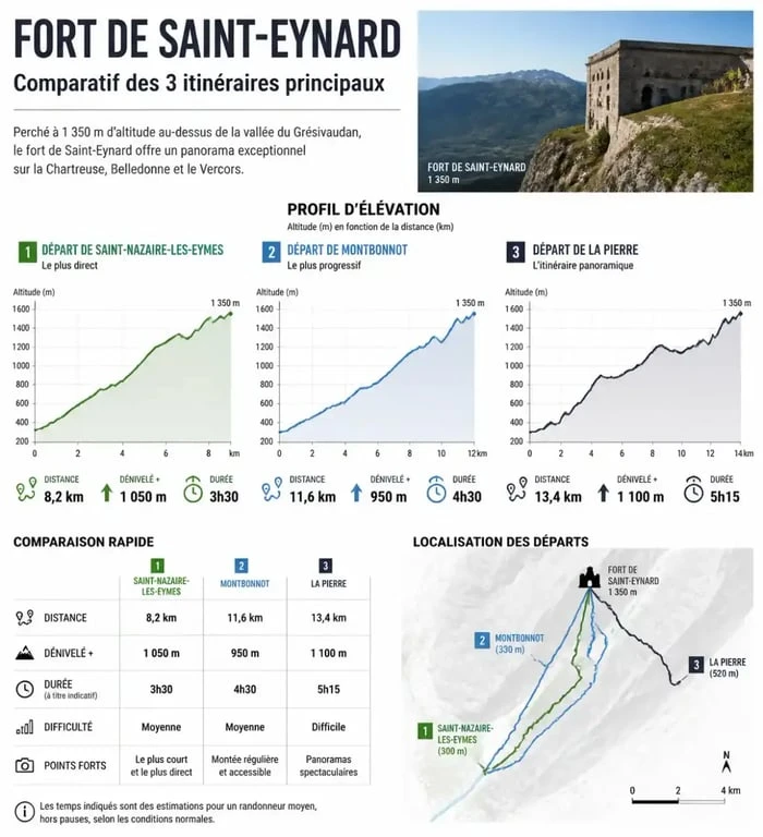 Comparatif des itinéraires de randonnée vers le fort du Saint-Eynard : distance et dénivelé