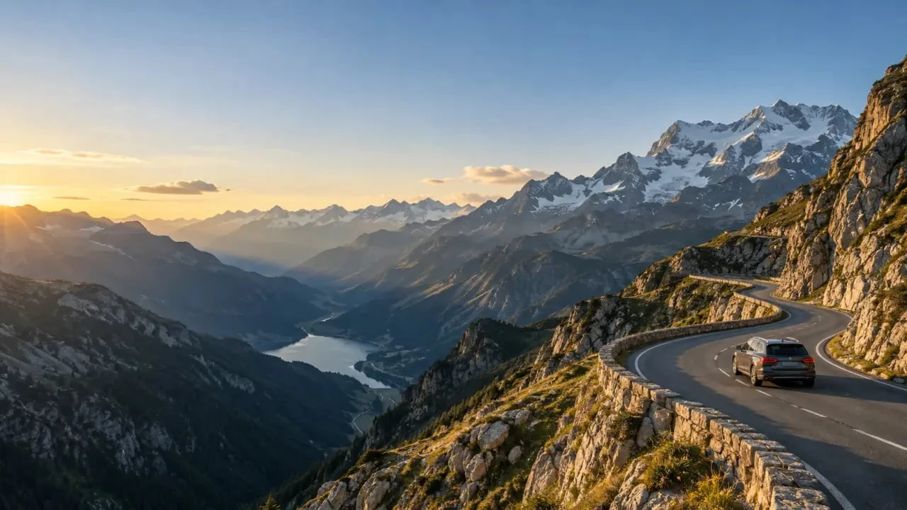 Road trip Alpes sur une route de montagne au coucher du soleil
