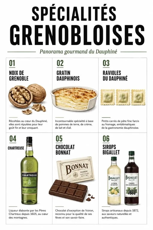 Spécialité grenobloise : panorama éditorial des noix de Grenoble, du gratin dauphinois, des ravioles du Dauphiné et de la Chartreuse