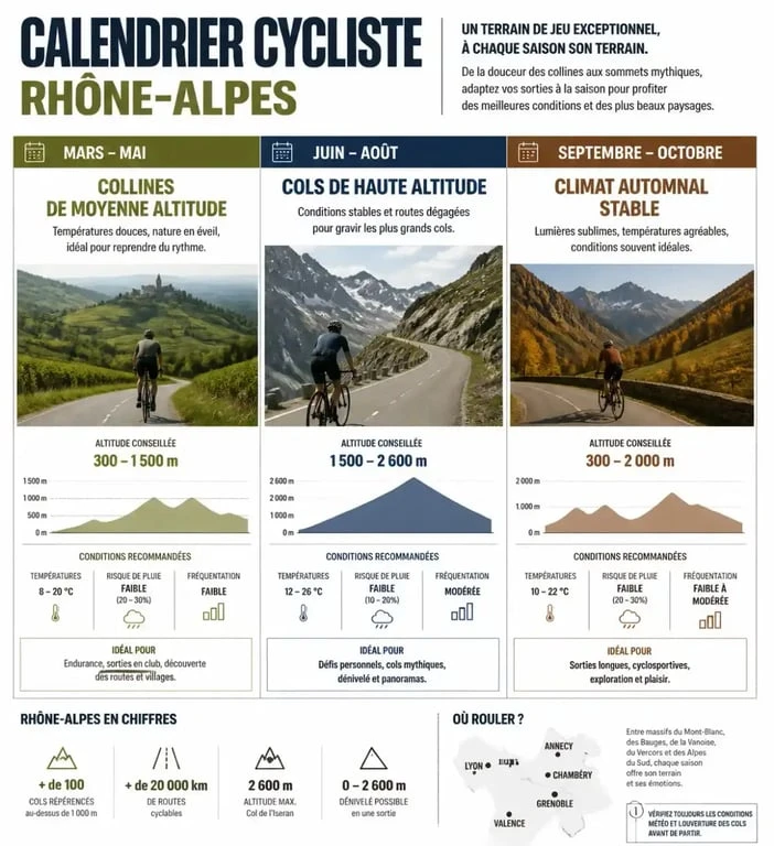 Calendrier cyclotourisme Rhône-Alpes par altitude et saison