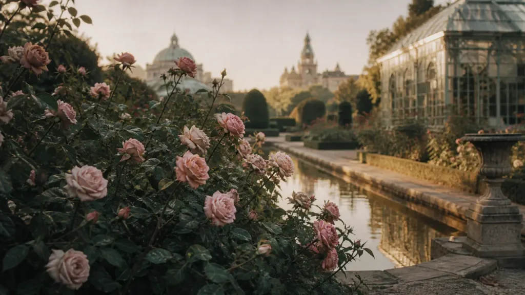 Jardin des plantes Grenoble : roseraie en fleurs, serres vitrées et cours d’eau