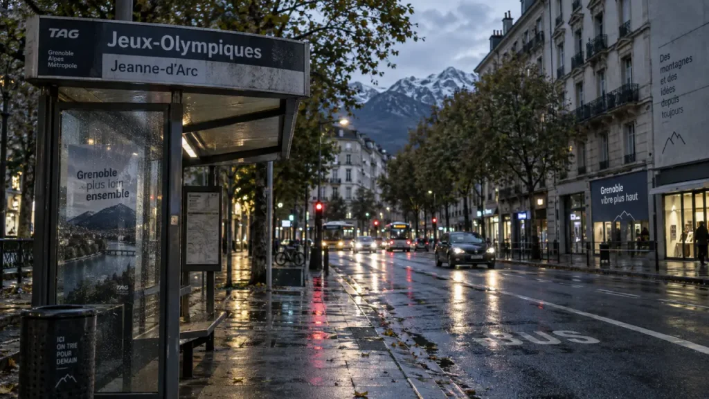 Quartier exposition-bajatière à Grenoble : arrêt de bus et panneaux Jeux-Olympiques