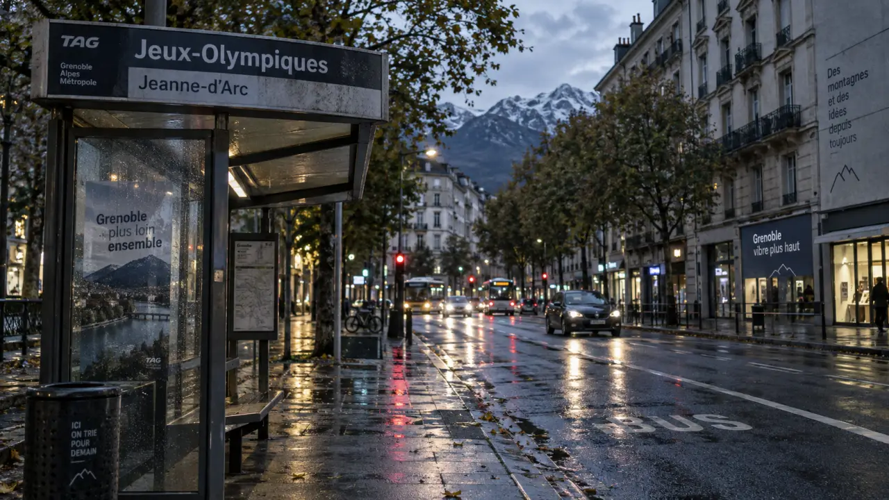 Quartier exposition-bajatière à Grenoble : arrêt de bus et panneaux Jeux-Olympiques